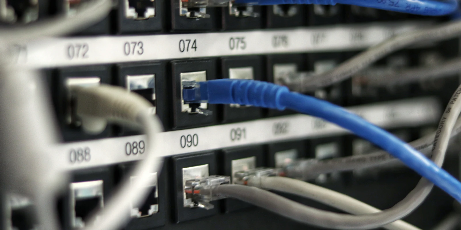 Labeled network patch panel with a blue Ethernet cable